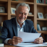 Homme senior souriant en costume lisant des documents