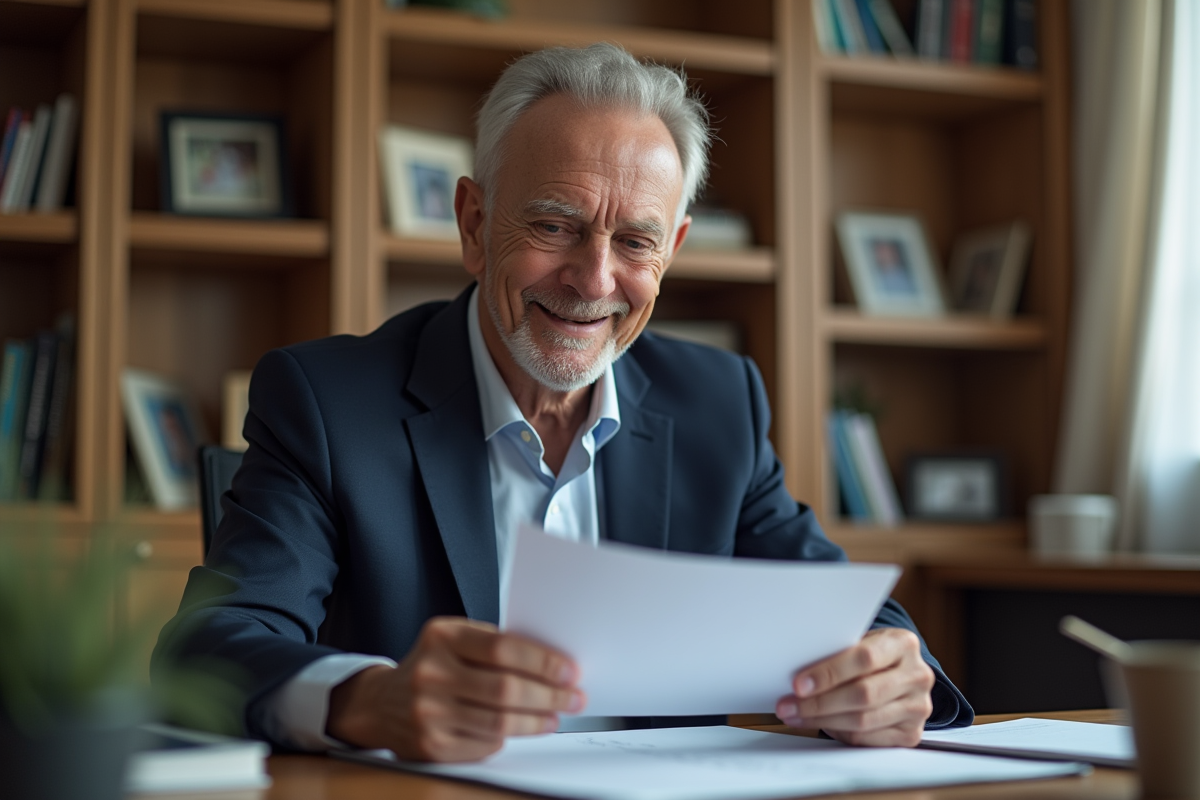 Homme senior souriant en costume lisant des documents