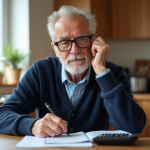 Homme senior en revue de documents de retraite dans la cuisine