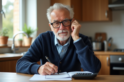 Homme senior en revue de documents de retraite dans la cuisine