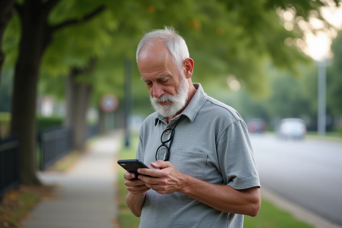Un homme senior utilisant un téléphone à clapet simple en extérieur dans une rue résidentielle