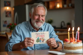 Homme souriant de 60 ans avec carte d anniversaire