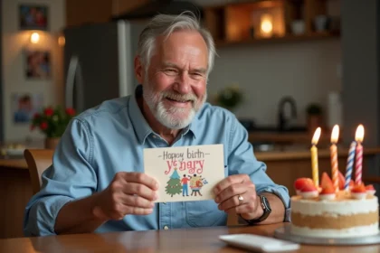 Homme souriant de 60 ans avec carte d anniversaire