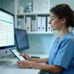 Infirmière en EHPAD utilisant un logiciel de soins numérique NETSoins sur tablette à un poste infirmier moderne