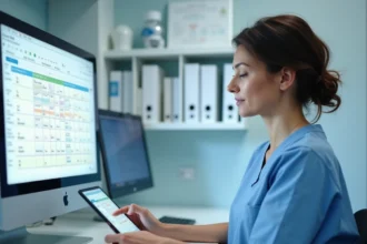 Infirmière en EHPAD utilisant un logiciel de soins numérique NETSoins sur tablette à un poste infirmier moderne