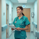 Infirmière en blouse turquoise dans une chambre d'hôpital