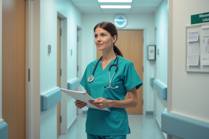 Infirmière en blouse turquoise dans une chambre d'hôpital