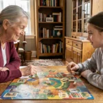 Grand-mère et petite-fille jouant à un jeu de société intergénérationnel autour d'une table en bois dans un salon chaleureux