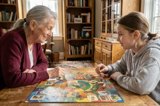 Grand-mère et petite-fille jouant à un jeu de société intergénérationnel autour d'une table en bois dans un salon chaleureux