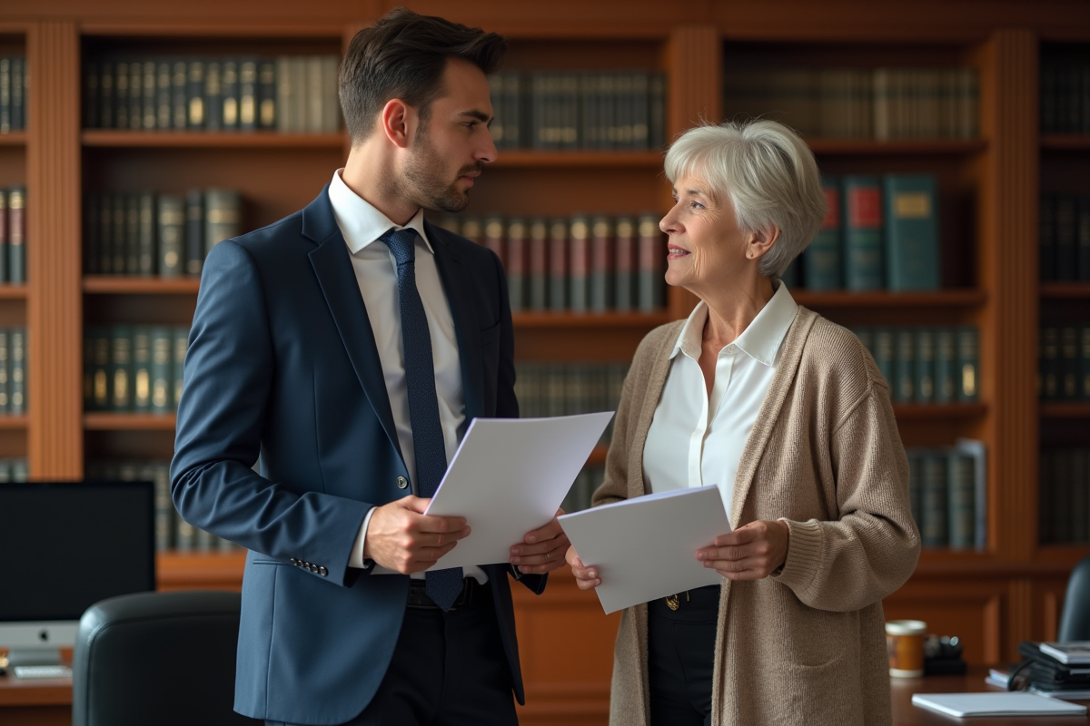 Un jeune homme et une femme âgée discutent dans un bureau juridique