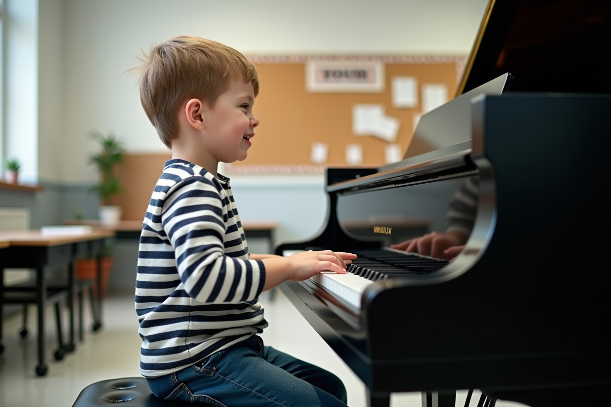 Jeune garçon jouant du piano dans une salle de classe moderne