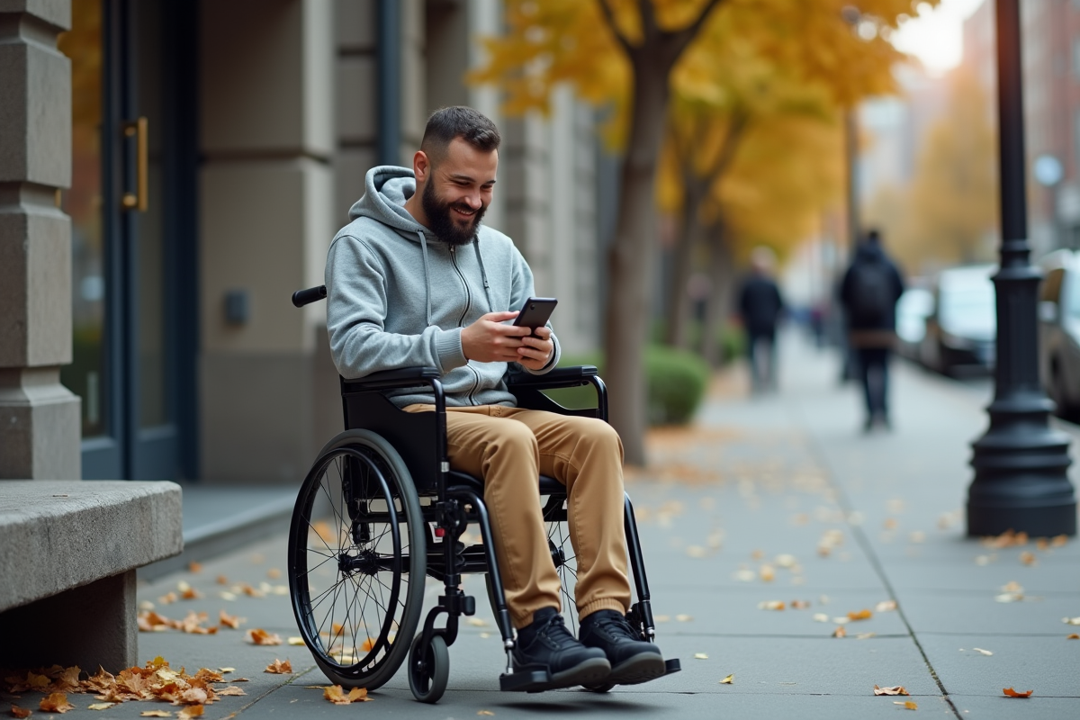 Jeune homme en fauteuil utilisant son téléphone devant un centre d