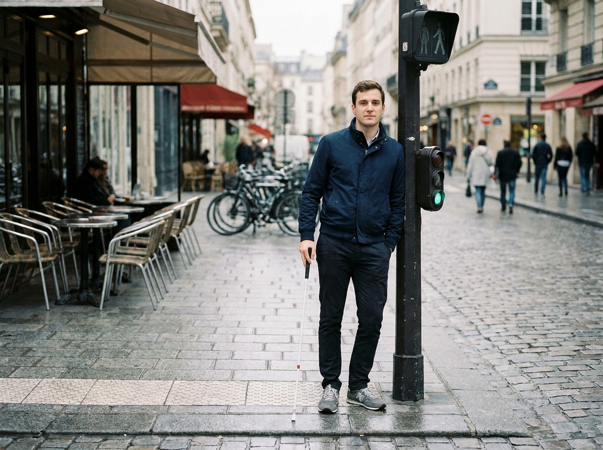 Jeune homme malvoyant utilisant une canne blanche pour se déplacer en ville, handicap visuel au quotidien