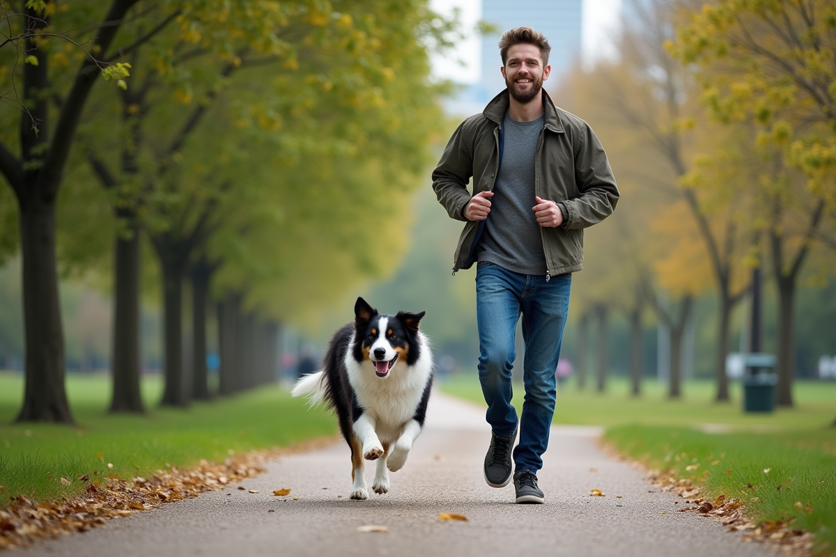 Jeune homme courant avec son chien dans un parc urbain