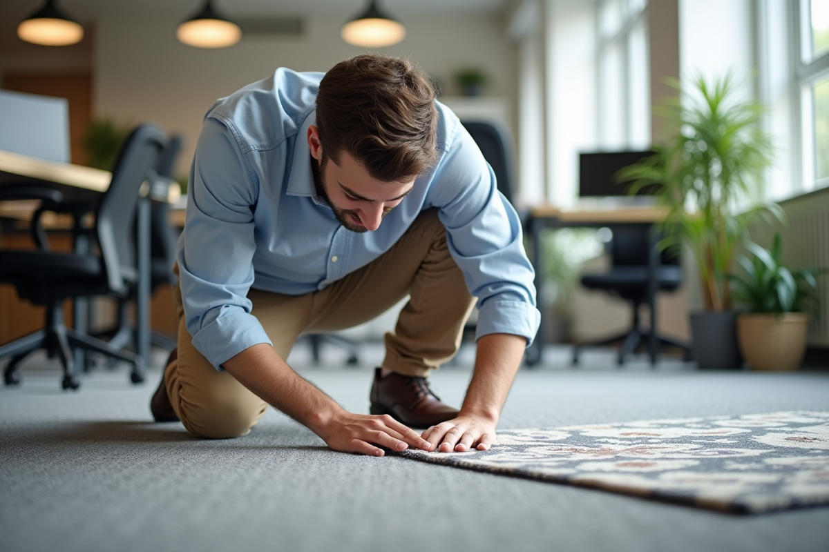 Jeune homme fixant un tapis dans un bureau