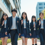 Groupe de lycéens japonais en uniforme dehors devant une école