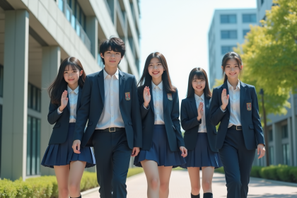 Groupe de lycéens japonais en uniforme dehors devant une école