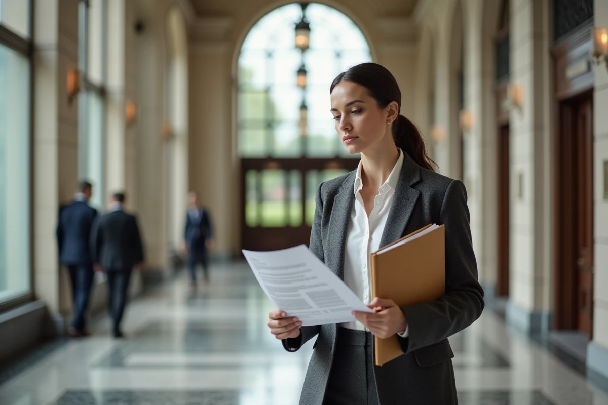 Juriste féminine dans un couloir de palais de justice tenant des documents légaux officiels