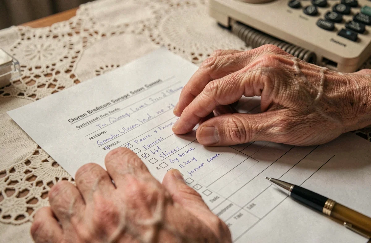 Gros plan sur des mains de personne âgée tenant un formulaire de demande APA avec des annotations manuscrites