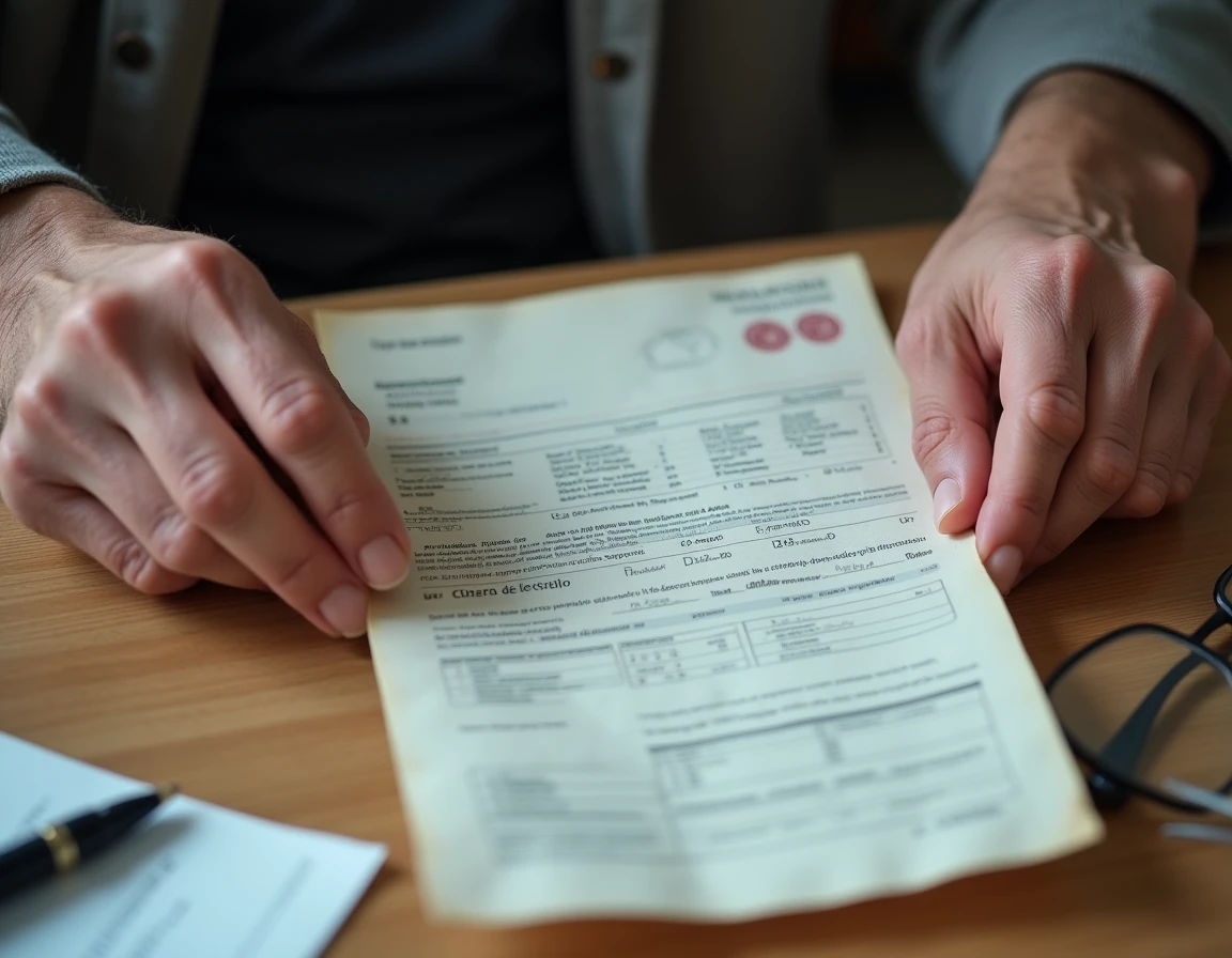 Mains d'un gendarme retraité tenant un courrier officiel de calcul de pension de retraite
