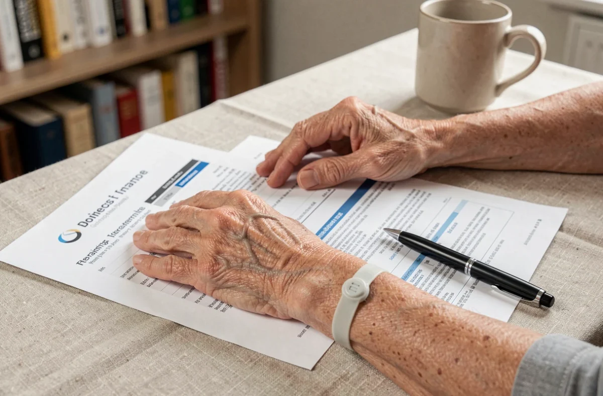 Gros plan sur les mains d'une senior portant un bracelet anti-chute avec brochure de garantie sur la table