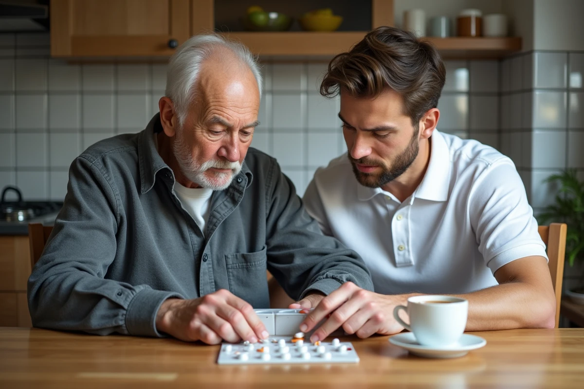 Aide à domicile aidant une personne âgée GIR à gérer ses médicaments dans la cuisine