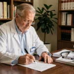 Médecin retraité rédigeant une ordonnance médicale à son bureau à domicile