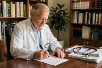 Médecin retraité rédigeant une ordonnance médicale à son bureau à domicile