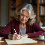 Femme à la retraite écrivant un message manuscrit à la plume sur du papier crème à une table en bois, ambiance chaleureuse et intime