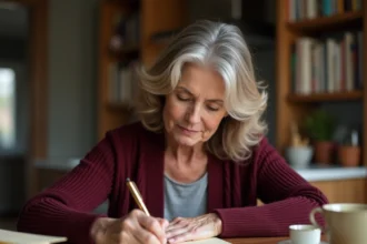 Femme à la retraite écrivant un message manuscrit à la plume sur du papier crème à une table en bois, ambiance chaleureuse et intime