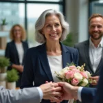 Collègues réunis pour fêter la retraite d'une femme souriante tenant un bouquet de fleurs dans un bureau moderne