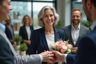 Collègues réunis pour fêter la retraite d'une femme souriante tenant un bouquet de fleurs dans un bureau moderne