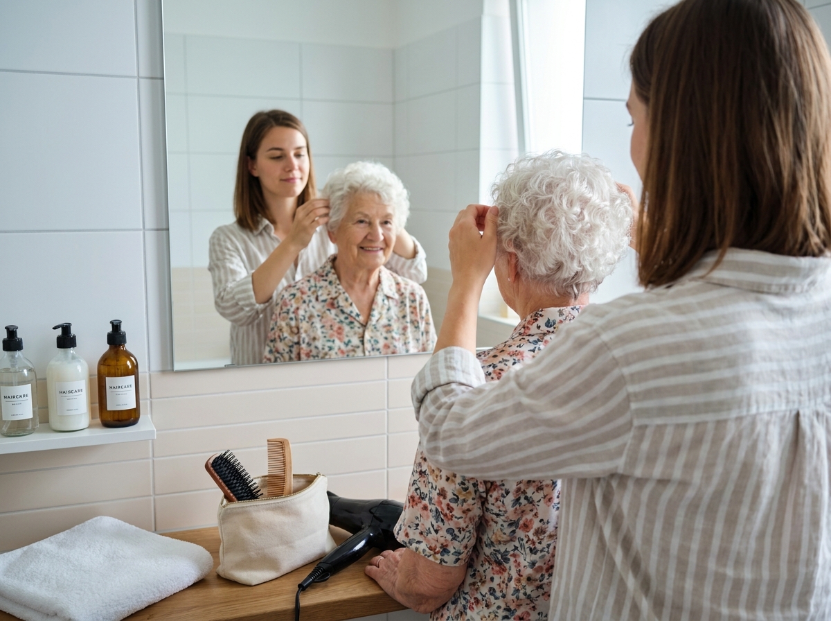 Jeune coiffeuse réalisant une mise en plis à domicile pour une femme âgée dans une salle de bain, service de coiffure senior