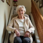 Monte escaliers fixe avec siège rembourré installé sur un escalier en bois dans une maison familiale, utilisé par une femme âgée