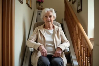 Monte escaliers fixe avec siège rembourré installé sur un escalier en bois dans une maison familiale, utilisé par une femme âgée