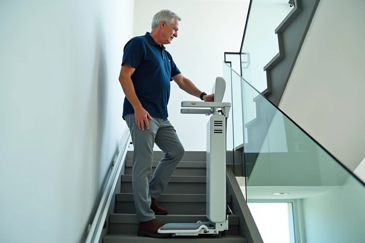 Monte escaliers portable autonome présenté dans un appartement moderne avec escalier droit, démonstration par un soignant professionnel