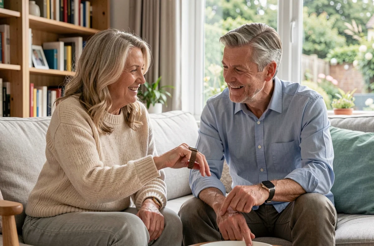 Couple de seniors dans un salon contemporain discutant d'une montre connectée design adaptée aux personnes âgées