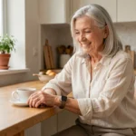 Femme âgée élégante portant une montre connectée design pour seniors à son poignet, assise dans une cuisine moderne