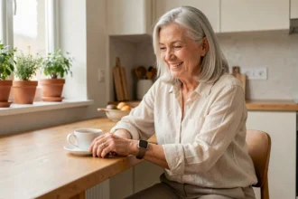 Femme âgée élégante portant une montre connectée design pour seniors à son poignet, assise dans une cuisine moderne