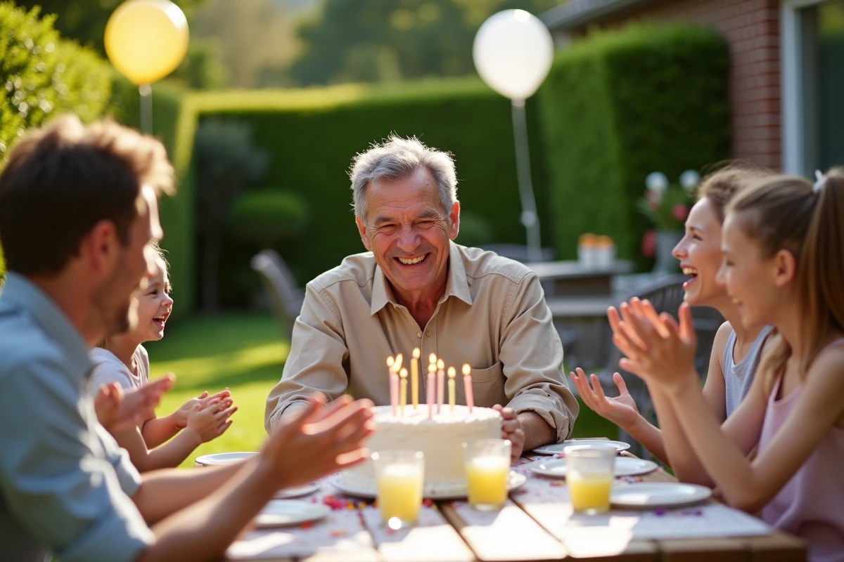 Papy de 60 ans soufflant les bougies de son gâteau d'anniversaire entouré de sa famille dans un jardin