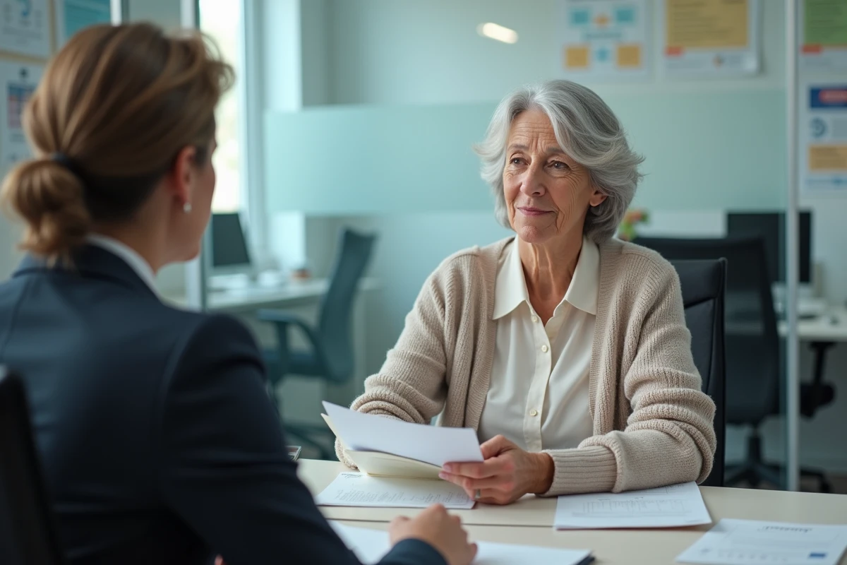 Femme retraitée en entretien avec un conseiller pour sa pension Agirc-Arrco lors d'une période d'invalidité