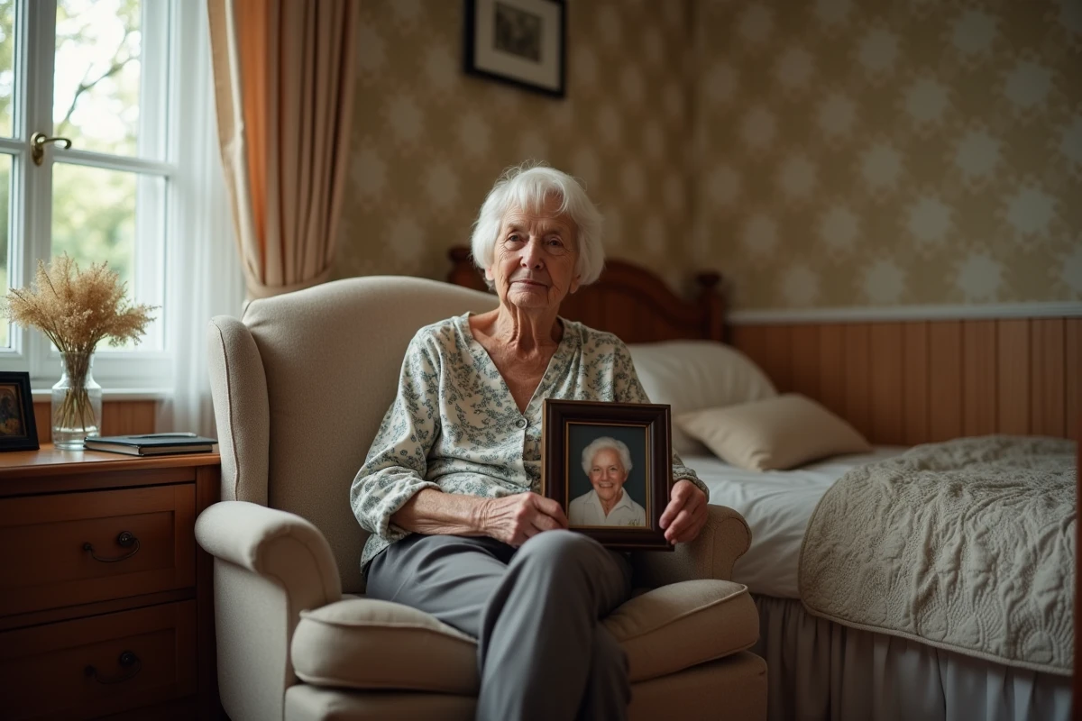 Une femme âgée installée dans sa chambre chez une famille d'accueil, tenant une photo de famille avec une expression empreinte de nostalgie et d'adaptation.