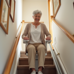 Femme agee souriante montant un escalier avec un fauteuil motorise