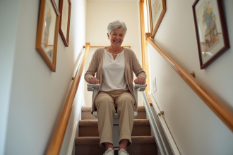 Femme agee souriante montant un escalier avec un fauteuil motorise