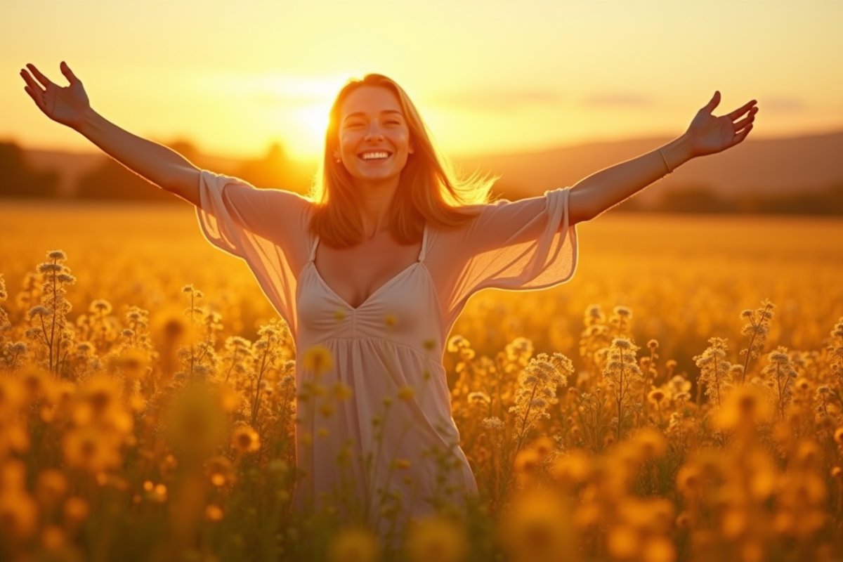 Personne souriante dans un champ au lever du soleil