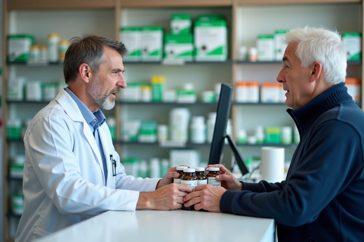 Pharmacien expliquant les effets secondaires d'Azinc Senior à un patient âgé en pharmacie