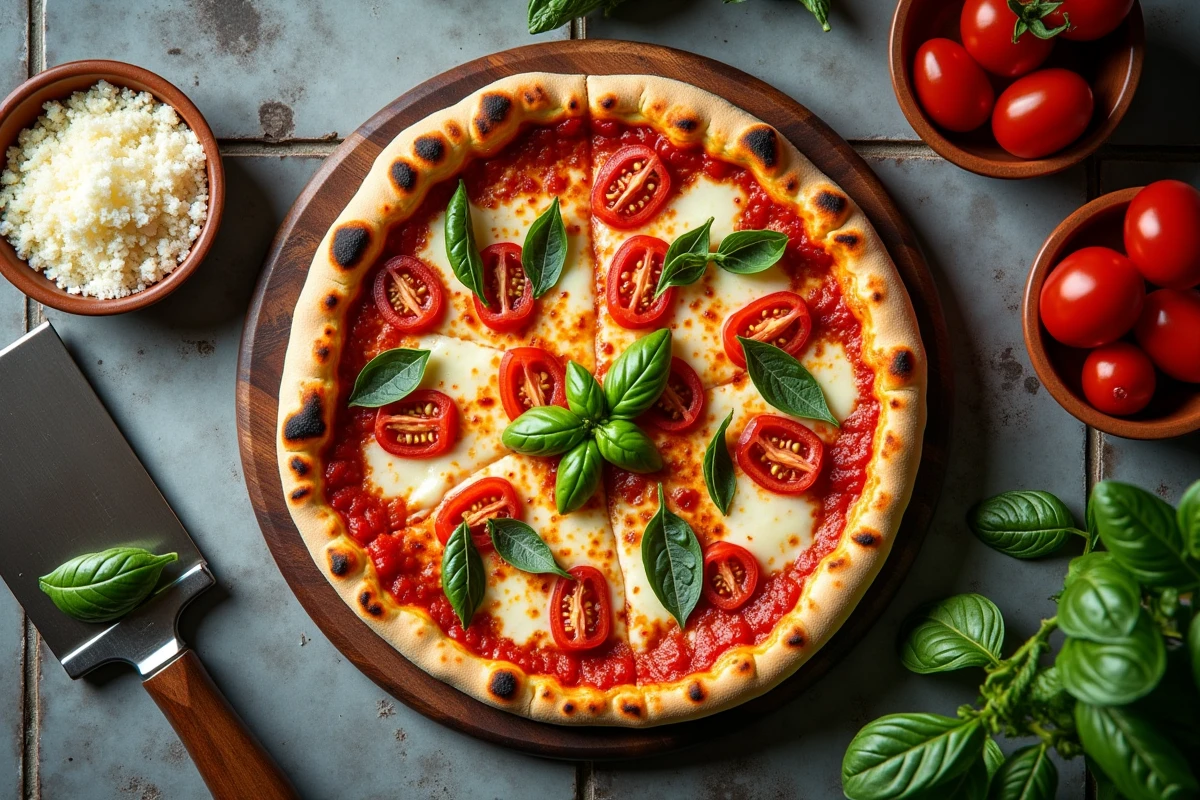 Vue aérienne d'une pizza taille senior garnie sur un comptoir en marbre avec ingrédients frais