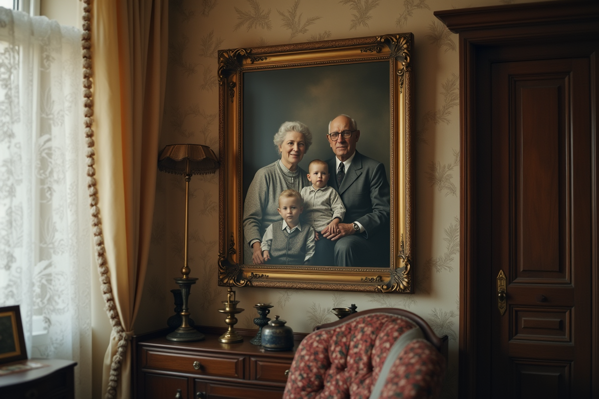 Portrait familial ancien en noir et blanc dans le salon