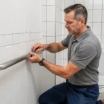Pose d'une barre de maintien PMR en acier inoxydable sur cloison en plaque de plâtre dans une salle de bain accessible