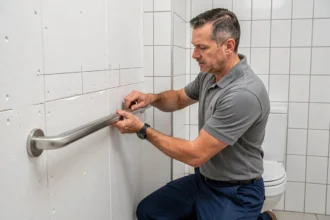 Pose d'une barre de maintien PMR en acier inoxydable sur cloison en plaque de plâtre dans une salle de bain accessible